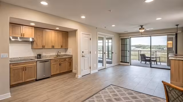 A kitchen and living area with universal design.
