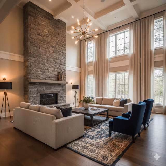 The grand interior of a great room with windows.