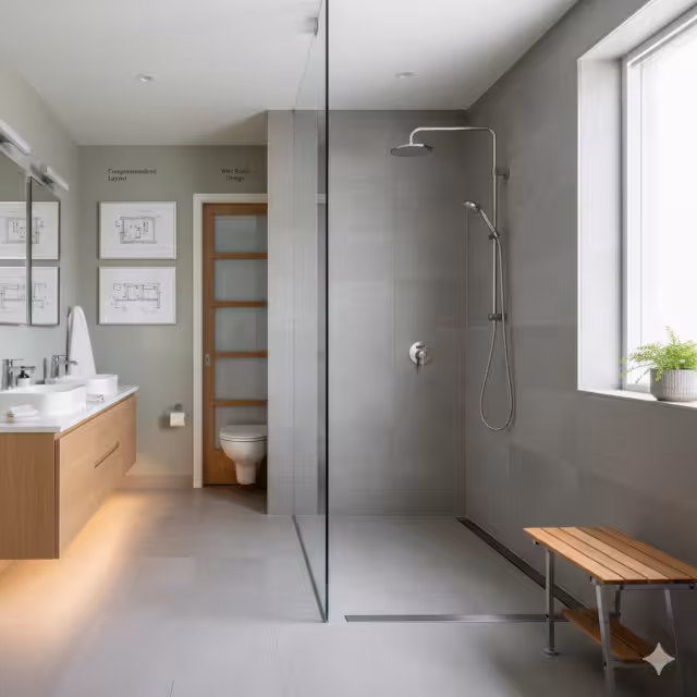 A multigenerational bathroom layout with a curbless shower.