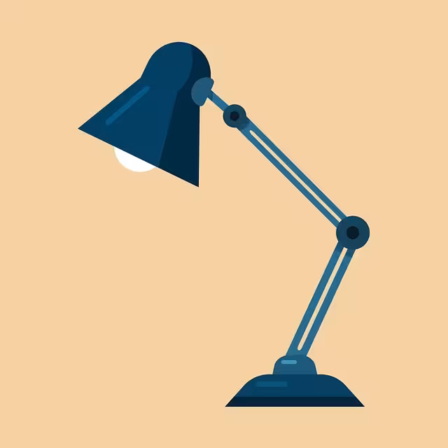 A blue desk lamp with a yellowish background.