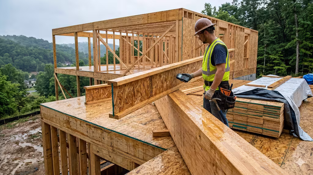 A builder looking at engineered lumber.