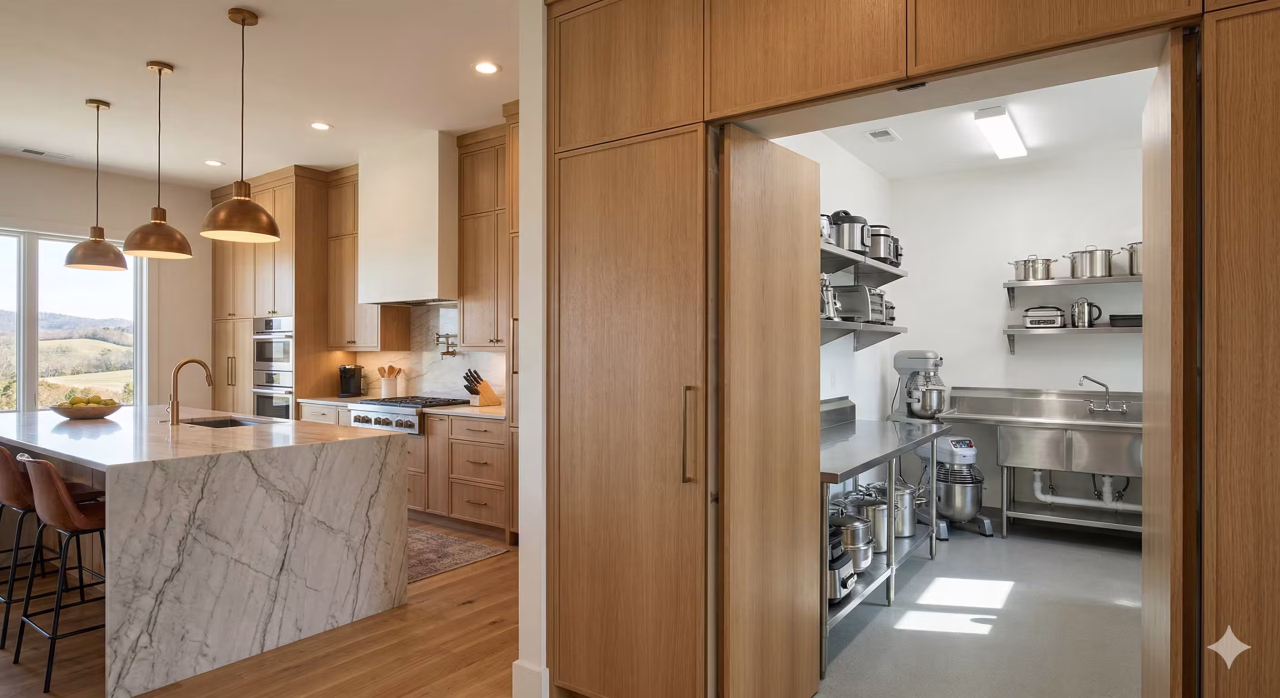 A show kitchen vs. prep kitchen.