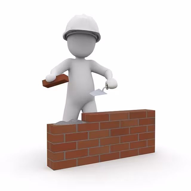 A white figure construcing a brick wall.