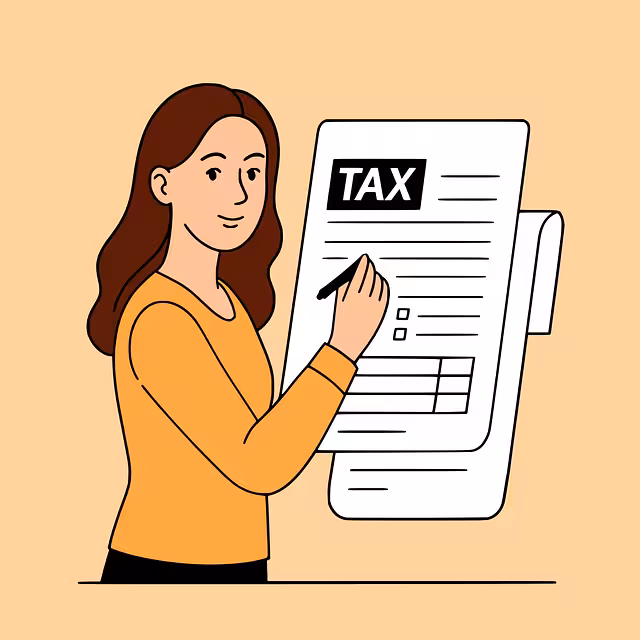 A cartoon woman showing a tax form.