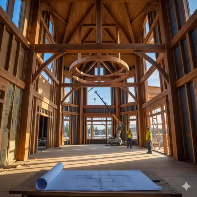 The skeleton of a timber frame home.