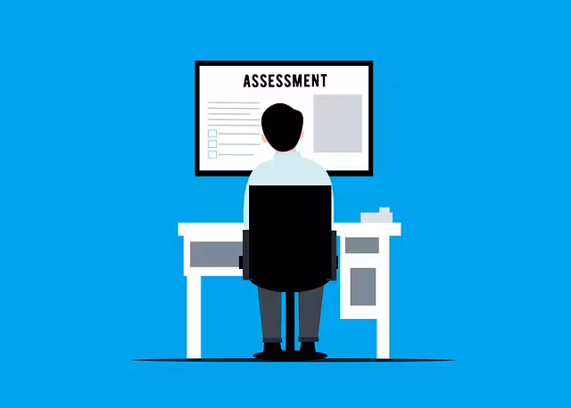 A cartoon figure looking at an assessment on computer.