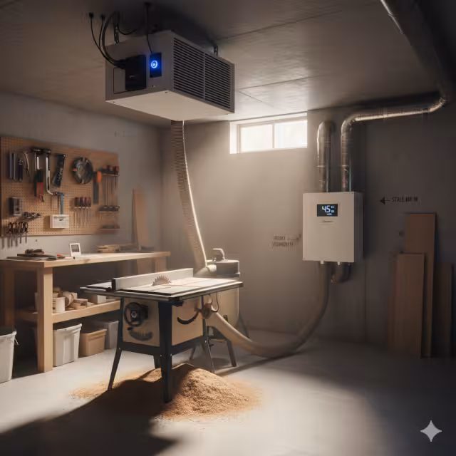 A basement with a workshop and ventilation.