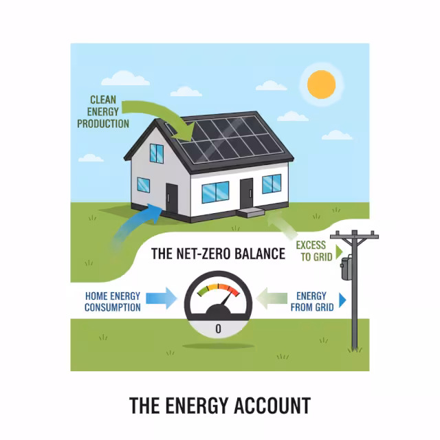 A cartoon drawing of a net-zero house.