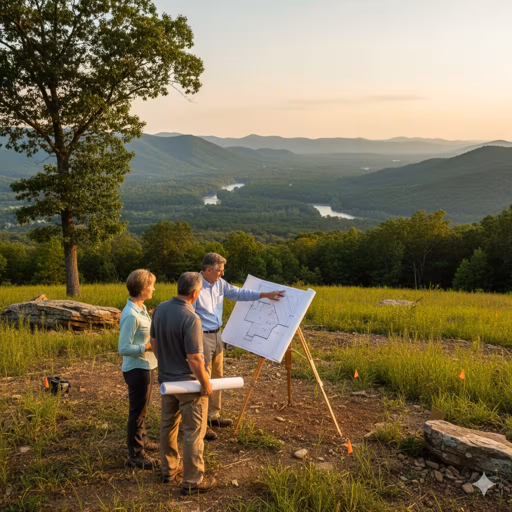 A builder looking at land with buyers.