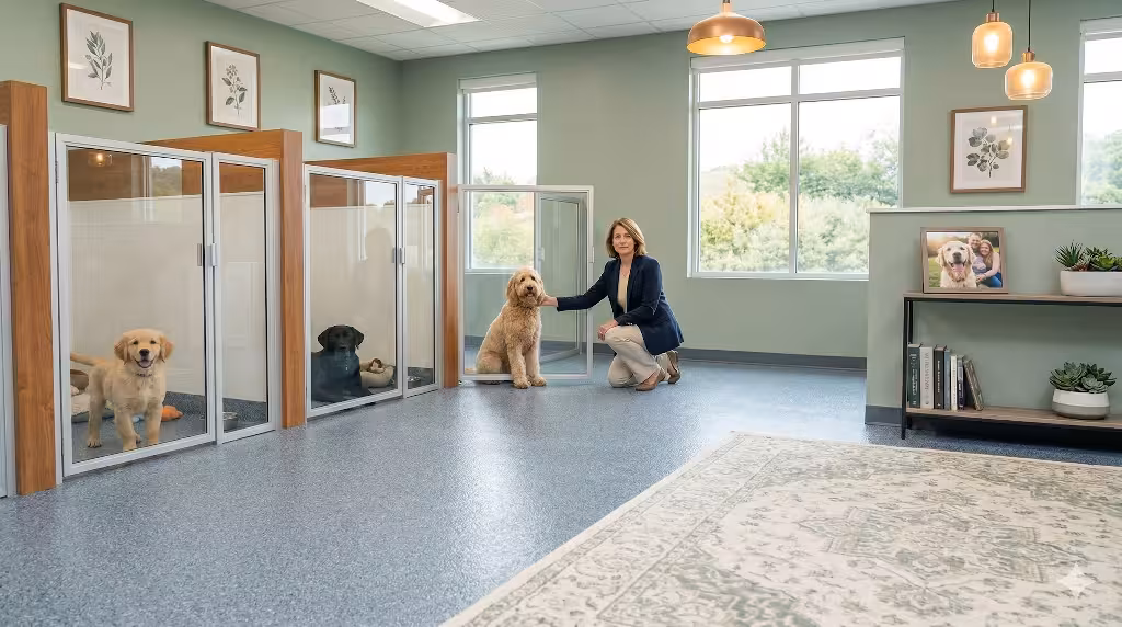 A woman in a dog kennel.