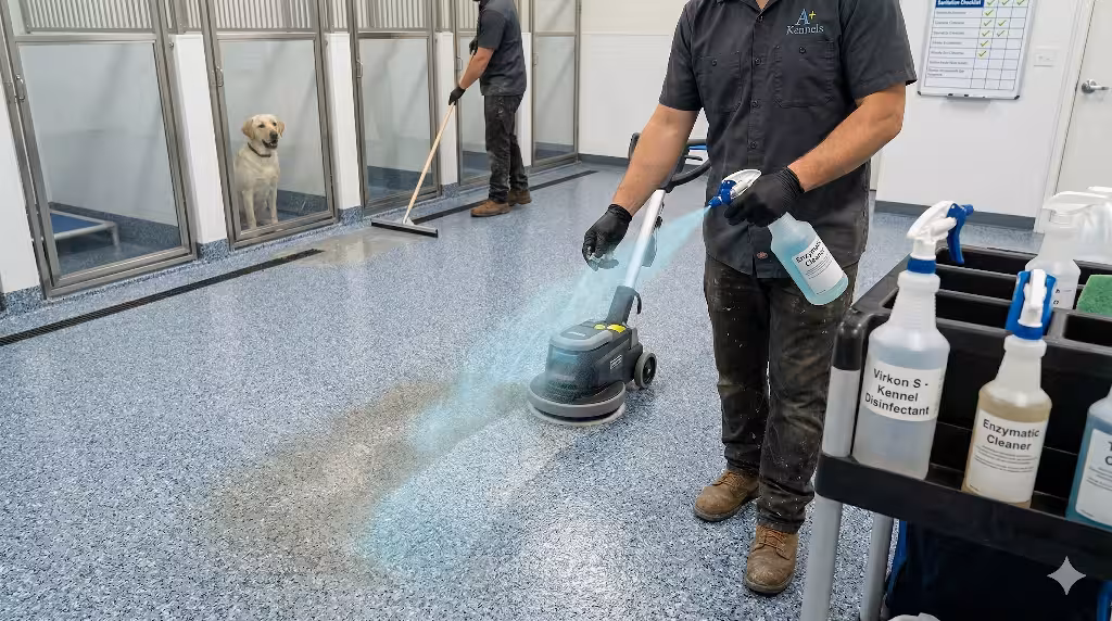 A man cleaning a kennel floor.