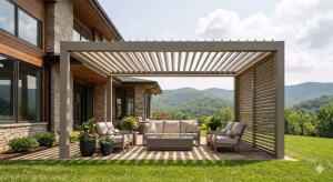 A bioclimatic pergola with outdoor furniture.