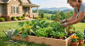A woman doing vegetable gardening in a yard.
