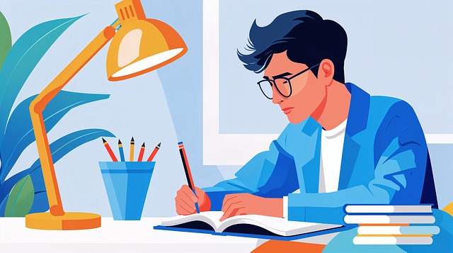 A cartoon student working at desk.