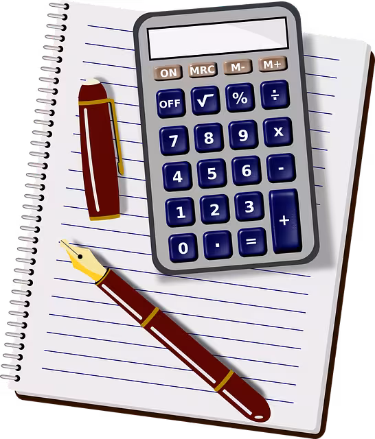 A calculator on a notebook with a pen.