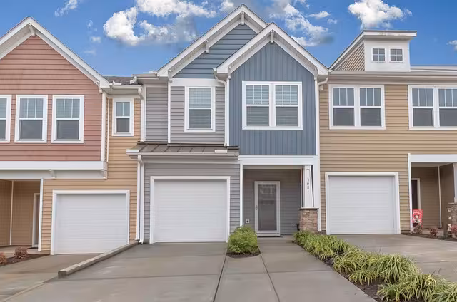 A townhome community with garages.