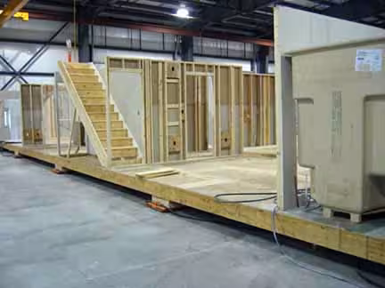 Interior of a modular home factory.