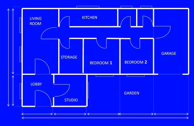 A blueprint of a house floorplan.