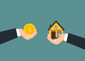 Two hands, one with money, one with a house, for first-time homebuyers.
