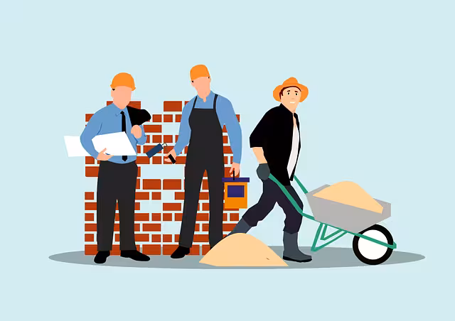 Drawing of people working in construction with a blue background.