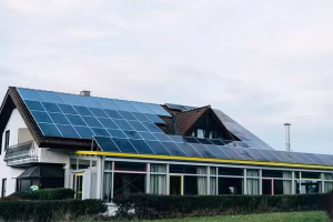 A green home with solar panels.