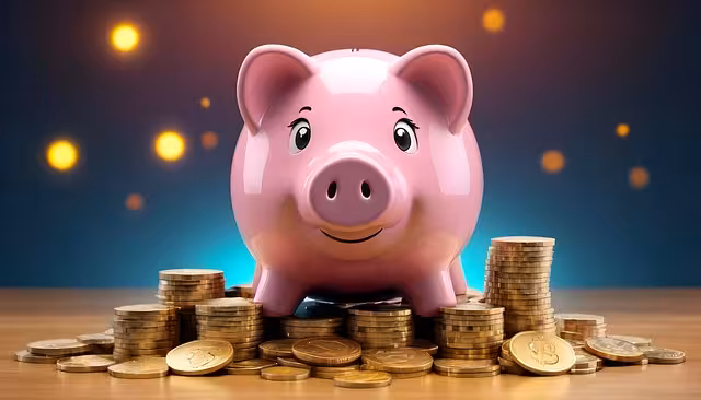 A pink piggy bank with money around it.