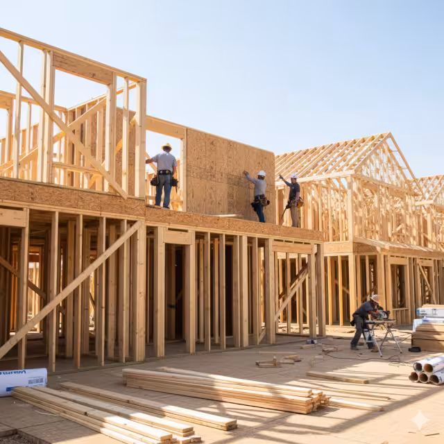 A stick built house being built.