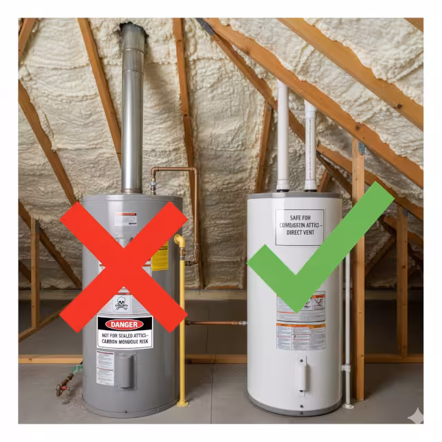 Graphic showing the correct water heater for an attic.