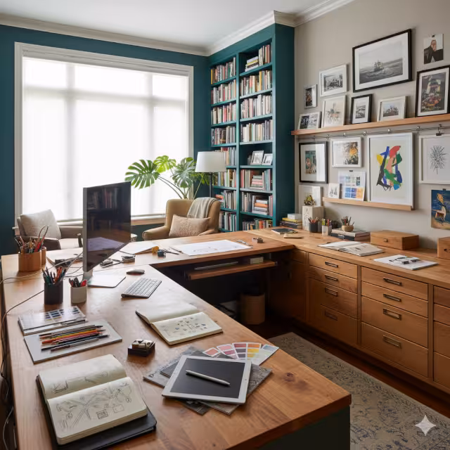 The "creative" home office with bookshelves.