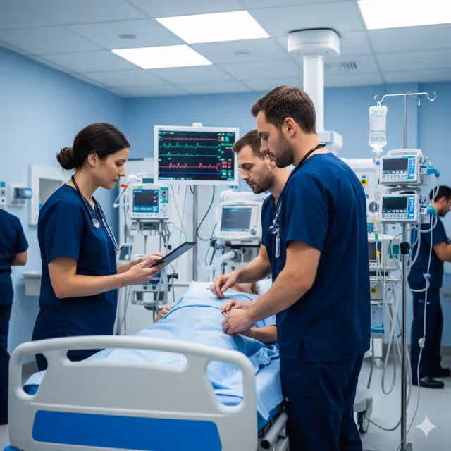 A healthcare setting with a patient and nurses.