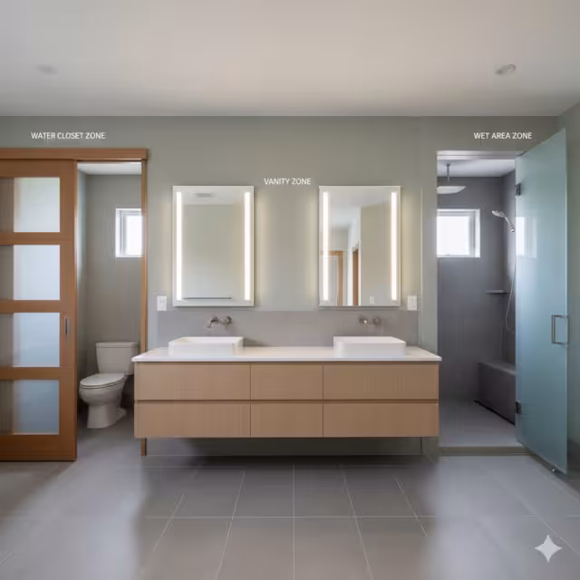 A compartmentalized bathroom with two sinks.