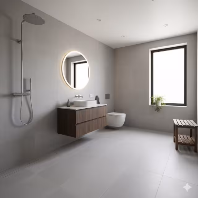 A curbless wetroom with a toilet and sink.