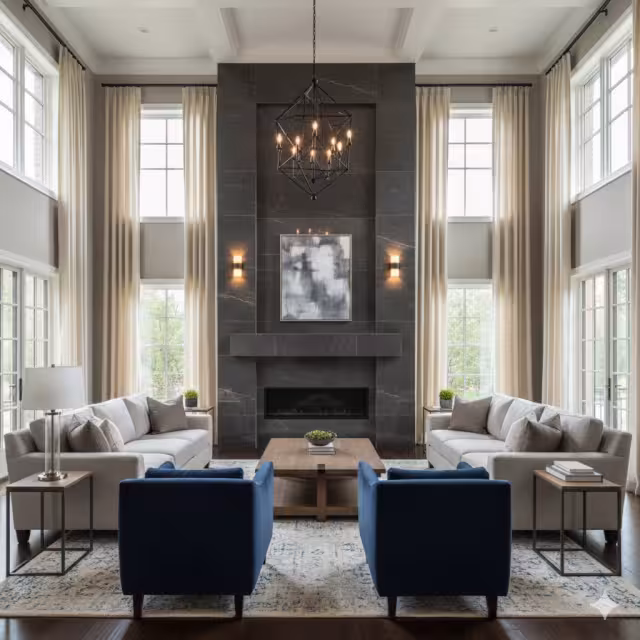 Great room with a fireplace as a focal point.