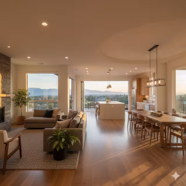 Spatial flow in an open-concept house with view of the mountains.