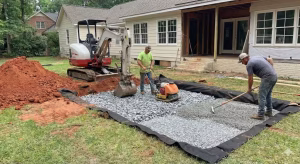 Step 2 of installation -- laying the stone base.