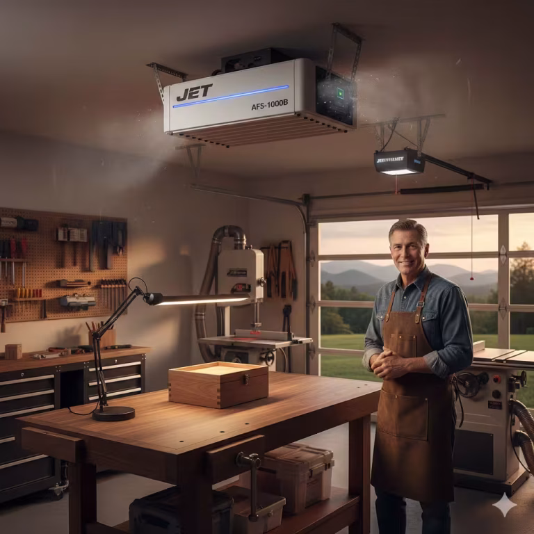 A worker standing in a garage workshop with ambient air filtration.