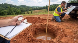 Two people performing a percolation test in clay soil.