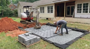 Step 3 of installation -- puting down the pavers.