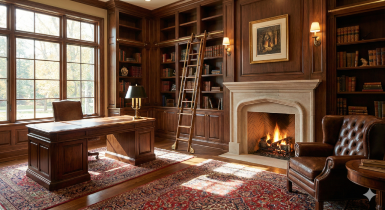A home library with a fireplace.
