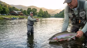 A man trout fishing in a river.