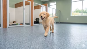 A dog on a blue non-slip flooring for kennels.