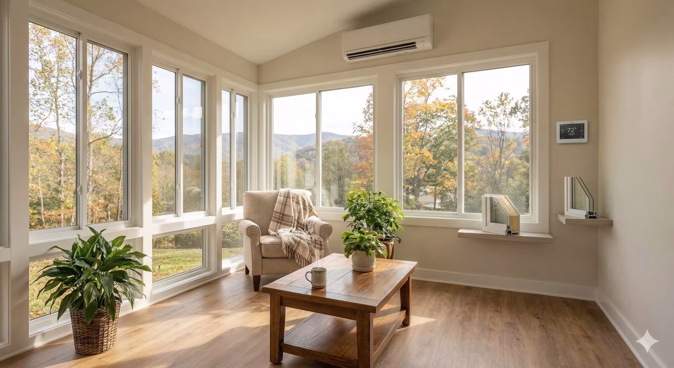 A four season room with windows.
