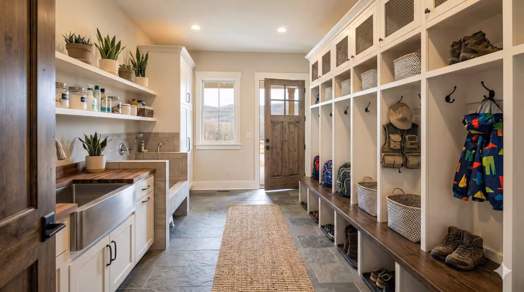 A large mudroom in a home.