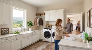 A family in a first floor laundry room.