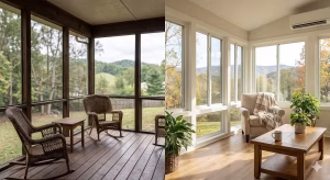 Screened porch to four season room in a home.