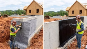 Workers applying bentonite waterproofing vs. liquid rubber.