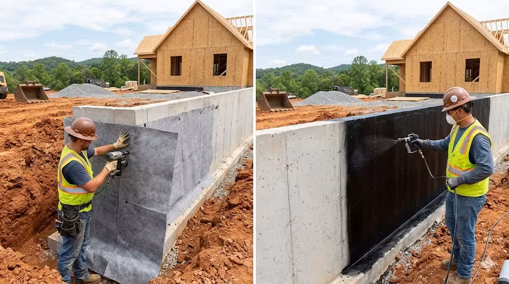 Workers applying bentonite waterproofing vs. liquid rubber.