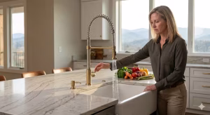 A woman using a commercial grade kitchen faucet.