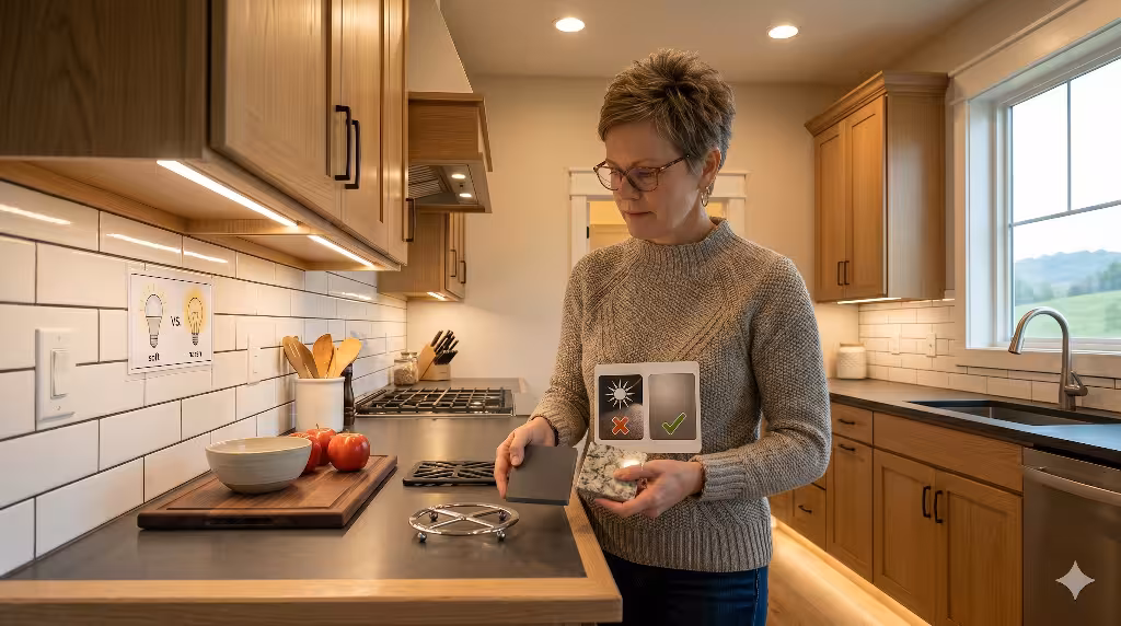 A woman showing ways to eliminate glare and increase contrast.