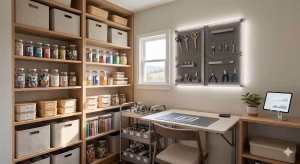 A table and shelves in a craft room.